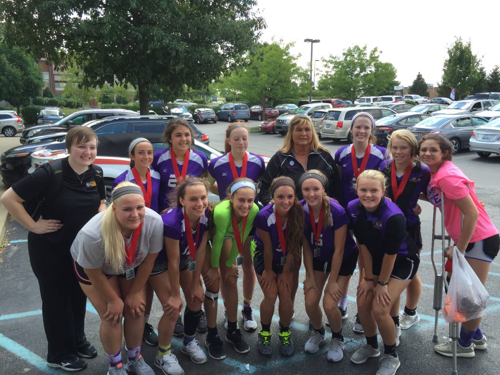 Campbell County Volleyball celebrates with their silver medal at the Bluegrass Games.